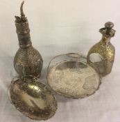 2 silver plate & glass Oriental decanters, 2 silver plate baskets,