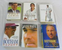 6 hand signed cricketing hard back books inc Tony Lewis, Darren Gough, Mark Waugh,