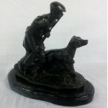 Bronze huntsman & his dog on a marble base signed Mene H.