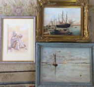 2 oil paintings of maritime scenes & a watercolour of 2 desert people