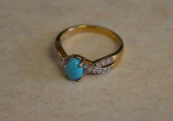 9ct gold turquoise and diamond ring, approx weight 3g,