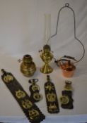 Brass paraffin lamp, copper kettle,