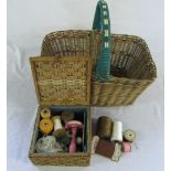 Basket containing sewing items inc threads,