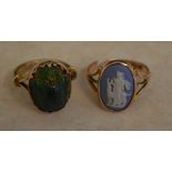 9ct gold scarab style ring and a 9ct gold Jasperware style ring, total approx weight 5.