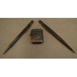 2 silver propelling pencils and a silver vesta case, total approx weight 1.