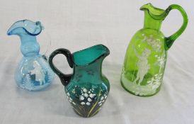 Mary Gregory style jug and vase & a lily of the valley glass jug (2 a/f)