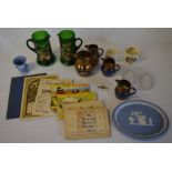 Cigarette cards, commemorative mugs, copper lustre (af),