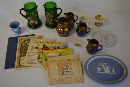 Cigarette cards, commemorative mugs, copper lustre (af),