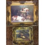 2 oil paintings of pheasants & spaniels both in gilt frames