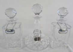 3 cut glass decanters with silver labels - whisky and sherry London hallmarks,