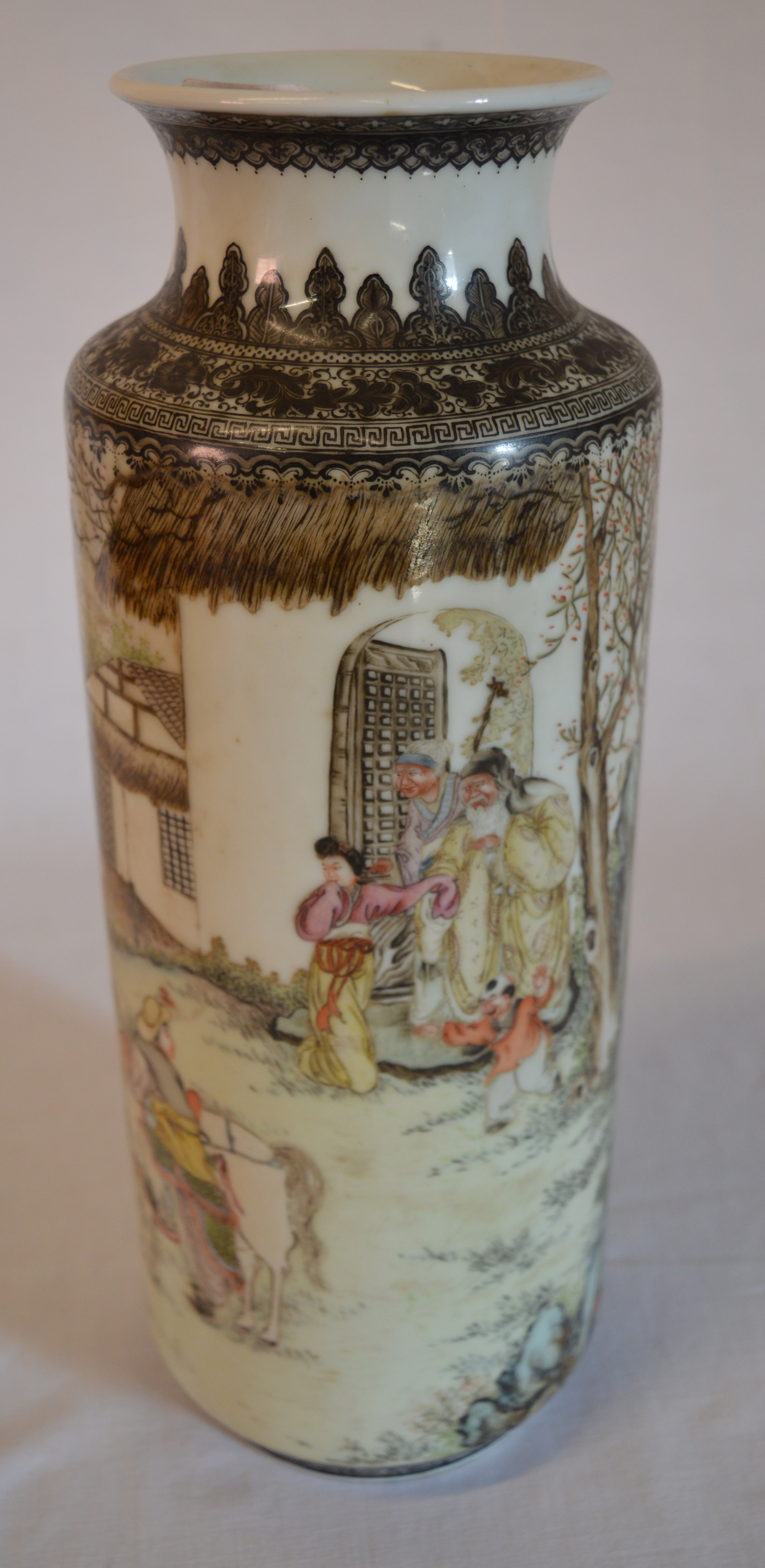 Cylindrical hand painted Chinese Republic famille rose vase with inscription to side & - Image 2 of 10