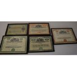 5 framed American share certificates