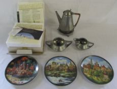 Leadless pewter roundhead coffee set & 3 collectors plates