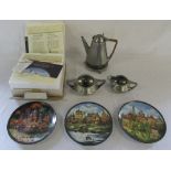 Leadless pewter roundhead coffee set & 3 collectors plates
