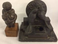 Bronze replica of Venus of Willendorf & a bronze casting of birds on a slate plinth with impressed