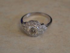 18ct gold Art Deco diamond ring with 1ct centre diamond,