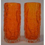 Pair of Whitefriars tangerine 'Bark' effect vases