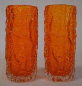 Pair of Whitefriars tangerine 'Bark' effect vases