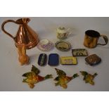 Various ceramics including a Wade trinket pot, Sadler teapot, copper and brass, Sylvac style bunny,