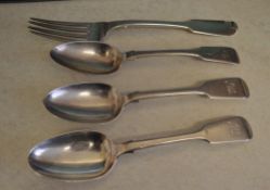 3 silver tablespoons and a fork with Edinburgh hallmarks , total approx weight 6.