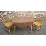 Drop leaf table and 4 pine chairs