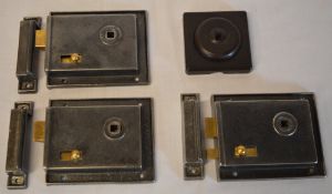 3 old cast and brass rim latches with snib bolts and a Rolls bakelight light switch