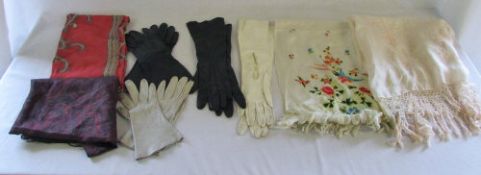 Various silk scarfs & leather gloves