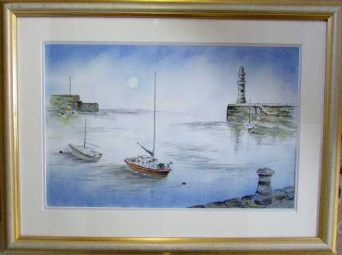 Contemporary pen and ink drawing of a harbour scene signed lower right corner 64 cm x 48 cm