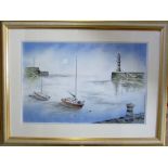 Contemporary pen and ink drawing of a harbour scene signed lower right corner 64 cm x 48 cm