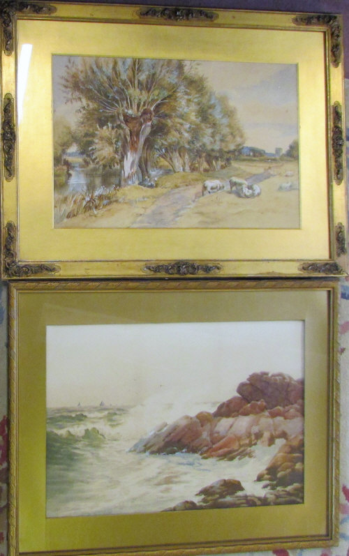 Watercolour of a coastal scene 67 cm x 54 cm and a watercolour of a rurals scene by Hebey C Tudd 71