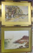 Watercolour of a coastal scene 67 cm x 54 cm and a watercolour of a rurals scene by Hebey C Tudd 71