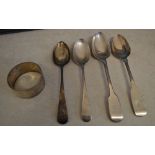 4 silver teaspoons and a silver napkin ring, total approx weight 3.