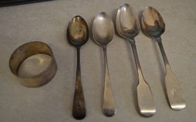 4 silver teaspoons and a silver napkin ring, total approx weight 3.