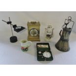 Various items inc clock, white lantern, magnifying glass,