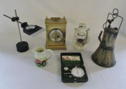 Various items inc clock, white lantern, magnifying glass,