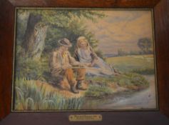 Watercolour 'Sweethearts' in the manner of Myles Birket Foster (1825-1899) with BF monogram