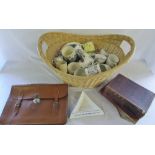 Wicker basket containing commemorative ware, satchel, ashtray,