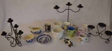 Various ceramics including mugs and 3 candleholders