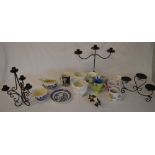 Various ceramics including mugs and 3 candleholders