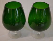 2 large green glass vases in the shape of brandy glasses