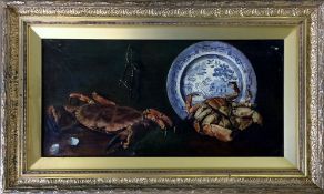19th century oil on canvas still life of crabs & a willow pattern plate 76cm by 47cm
