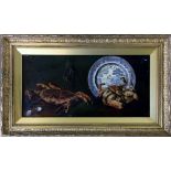 19th century oil on canvas still life of crabs & a willow pattern plate 76cm by 47cm