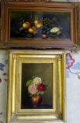 Oil on board of a vase of roses 45 cm x 55 cm and oil on board of fruit by W Collins 66 cm x 40