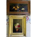 Oil on board of a vase of roses 45 cm x 55 cm and oil on board of fruit by W Collins 66 cm x 40