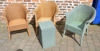 3 Lloyd Loom chairs and a laundry basket