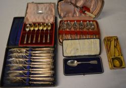 Various silver plate cutlery including a Christening set,