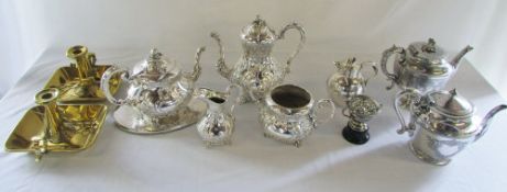 Quantity of silver plate inc tea/coffee set & 2 brass candlesticks