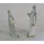 Nao figurine of a woman with a dog and a goose & one other