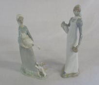 Nao figurine of a woman with a dog and a goose & one other