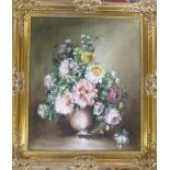 Still life oil on canvas of a vase of flowers in a gilt frame 66 cm x 76 cm